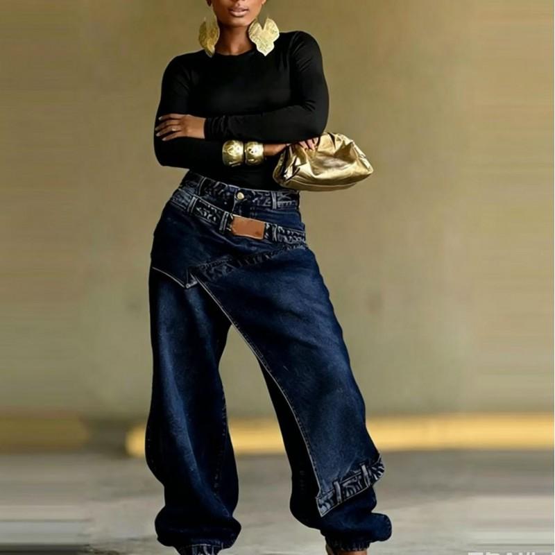 Womens Washed Denim Wide Leg Pants Street Style Splicing Jeans
