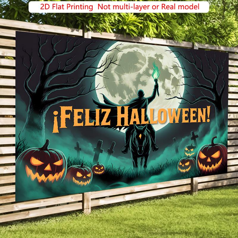 Party Backdrop Halloween Moon Flat Pumpkin Lights Skulls Spooky Silhouette Trees Photo Booth Decor Party Decor