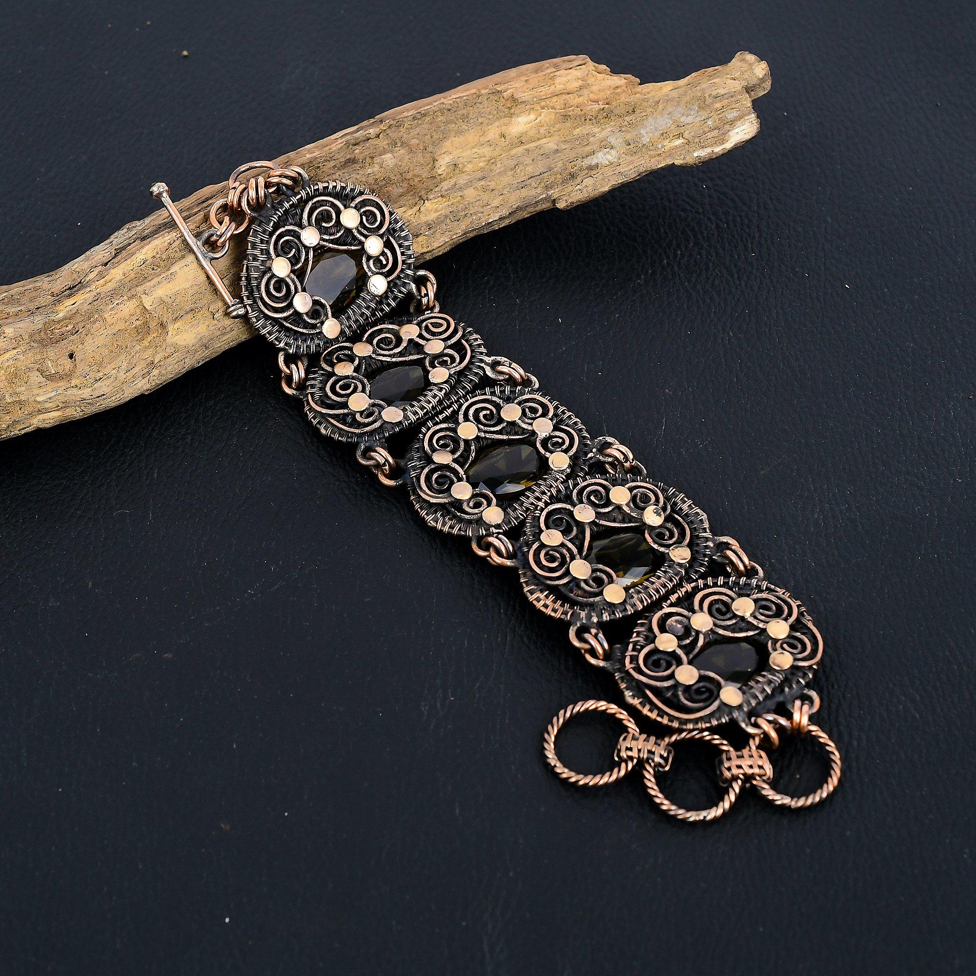 

Браслет из дымчатого топаза ручной работы новейшего дизайна, браслет из драгоценного камня, оплетенный медной проволокой 999 пробы, подарок для матери 8 Inches