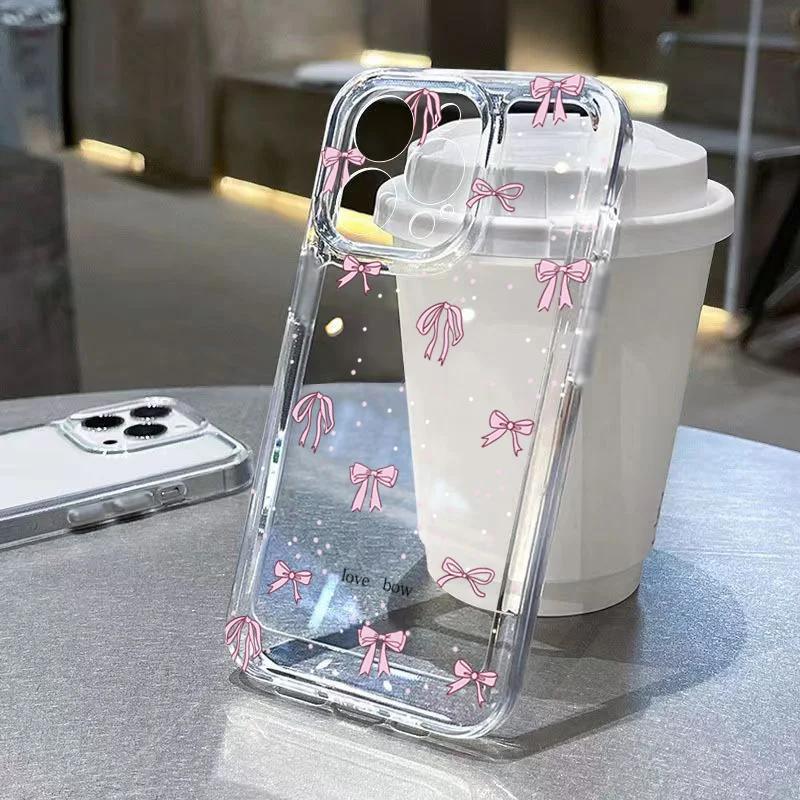 

Korean Cute Pink Bow TPU Phone Case For iPhone 16 16E 15 14 13 12 11 Pro Max XR Max 7 8 16 Plus SE2 Shockproof Clear Cover For iPhone 16Pro Max