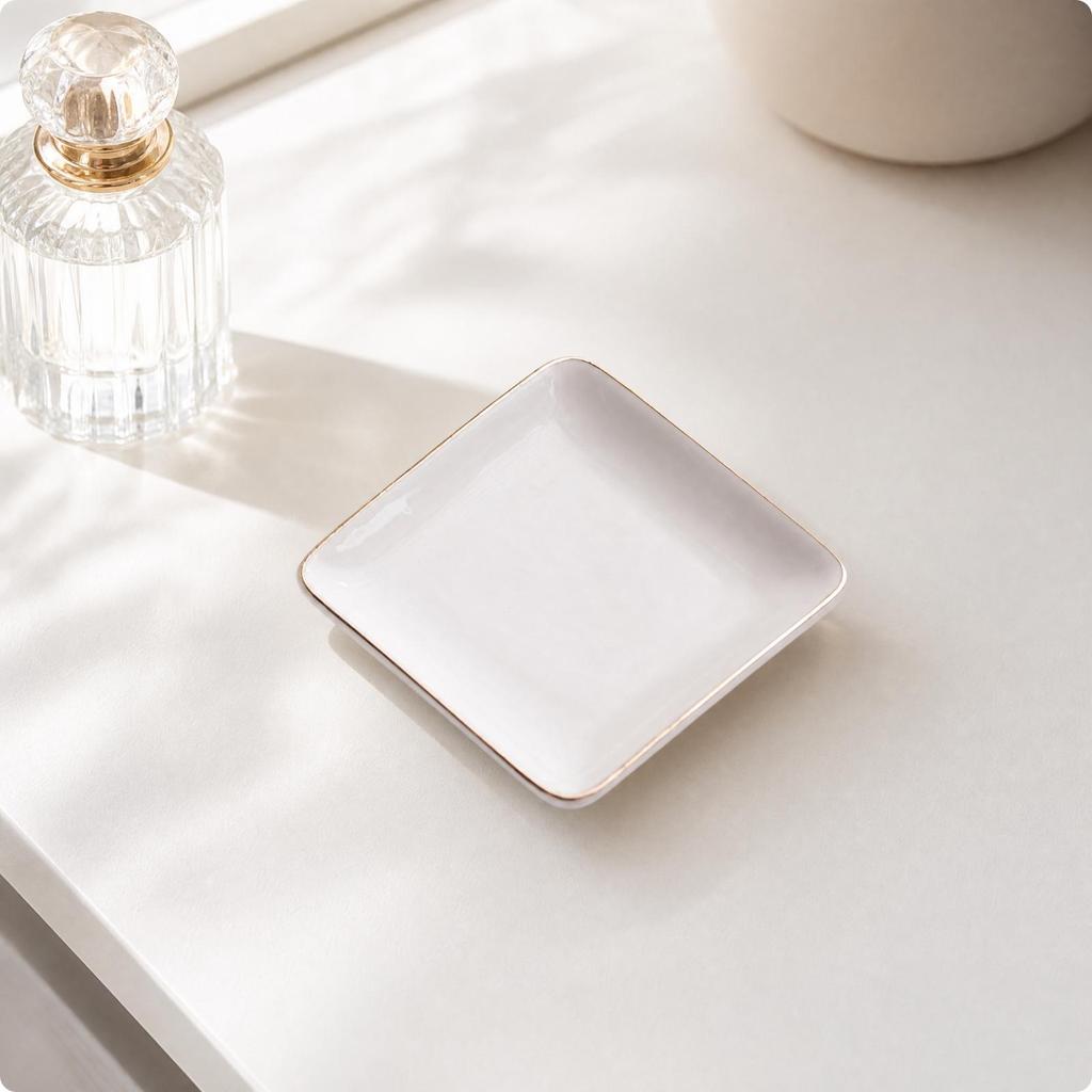 Ceramic Jewelry Dish with Gold Rim Shallow for Vanity, Entryway