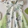 Girls Summer Chinese Sleeveless Floral Print Mesh Cheongsam Dress Traditional Hanfu Inspired Party Gown For Kids