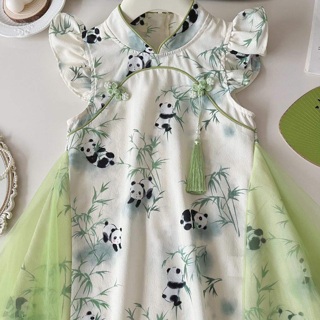 Girls Summer Chinese Sleeveless Floral Print Mesh Cheongsam Dress Traditional Hanfu Inspired Party Gown For Kids