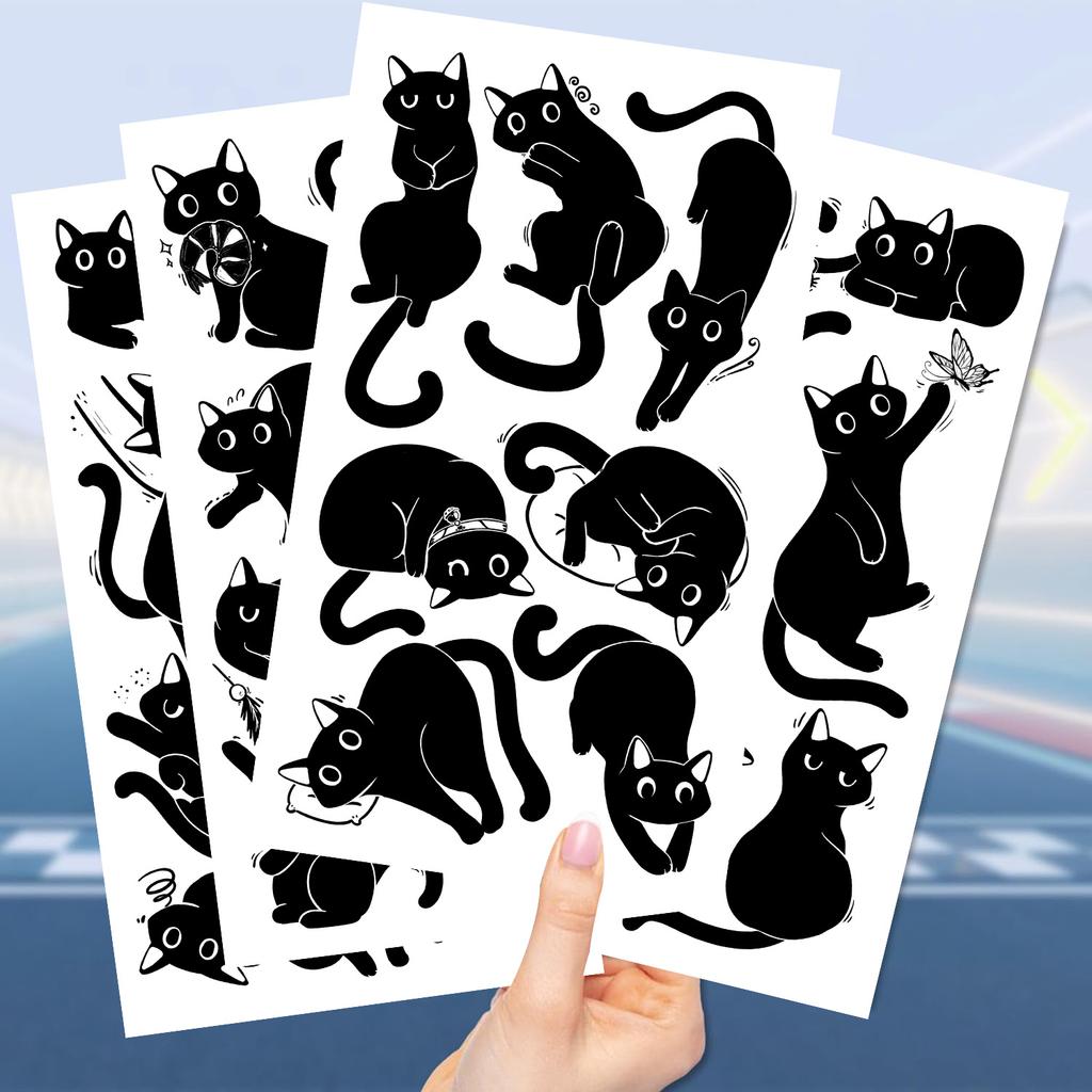 10 Arkuszy Małe Czarne Koty Tymczasowe Naklejki Tatuaże, Urocze Kreskówkowe Wzory Kotów, Makijaż na Imprezę Wodoodporne Naklejki Tatuaże