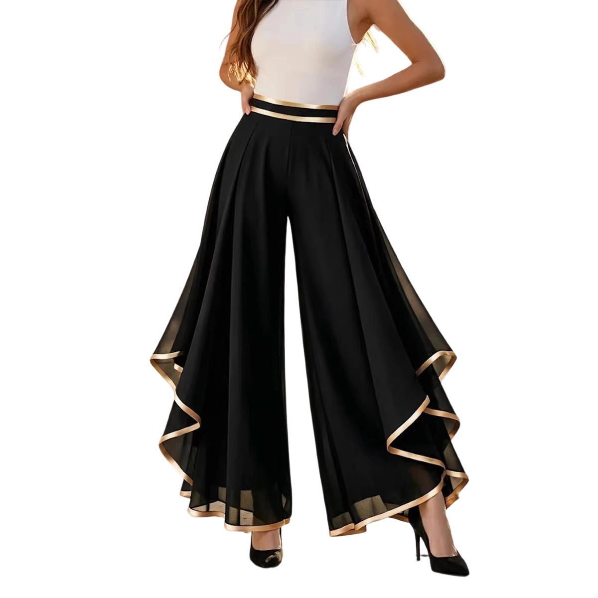 

High Waist Wide Leg Pants Layered Chiffon Trousers with Contrast Trim and Casual Loose Fit for Women XXL чёрный