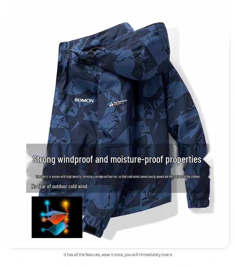 Romon Herren Camouflage Fleecegefütterter Kapuzen-Wasserabweisender Windbreaker Parka