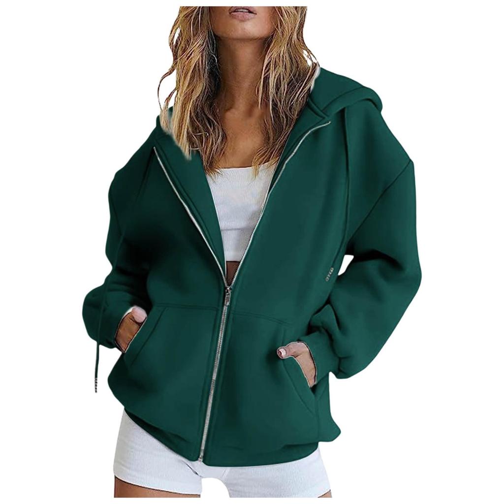 Damen gefütterter Reißverschluss Hoodie Farbe Lockerer Schnitt Lässiges Oberteil