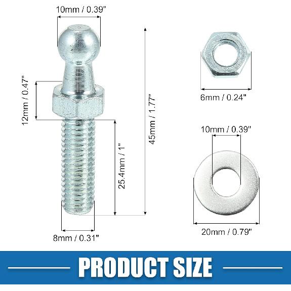 10mm Car Auto Strut Ball 5/16-18 Thread 1" Long Shank with Hardware Lock Nuts Washers for Gas Lift Support Strut End Fittings Metal Set of 2