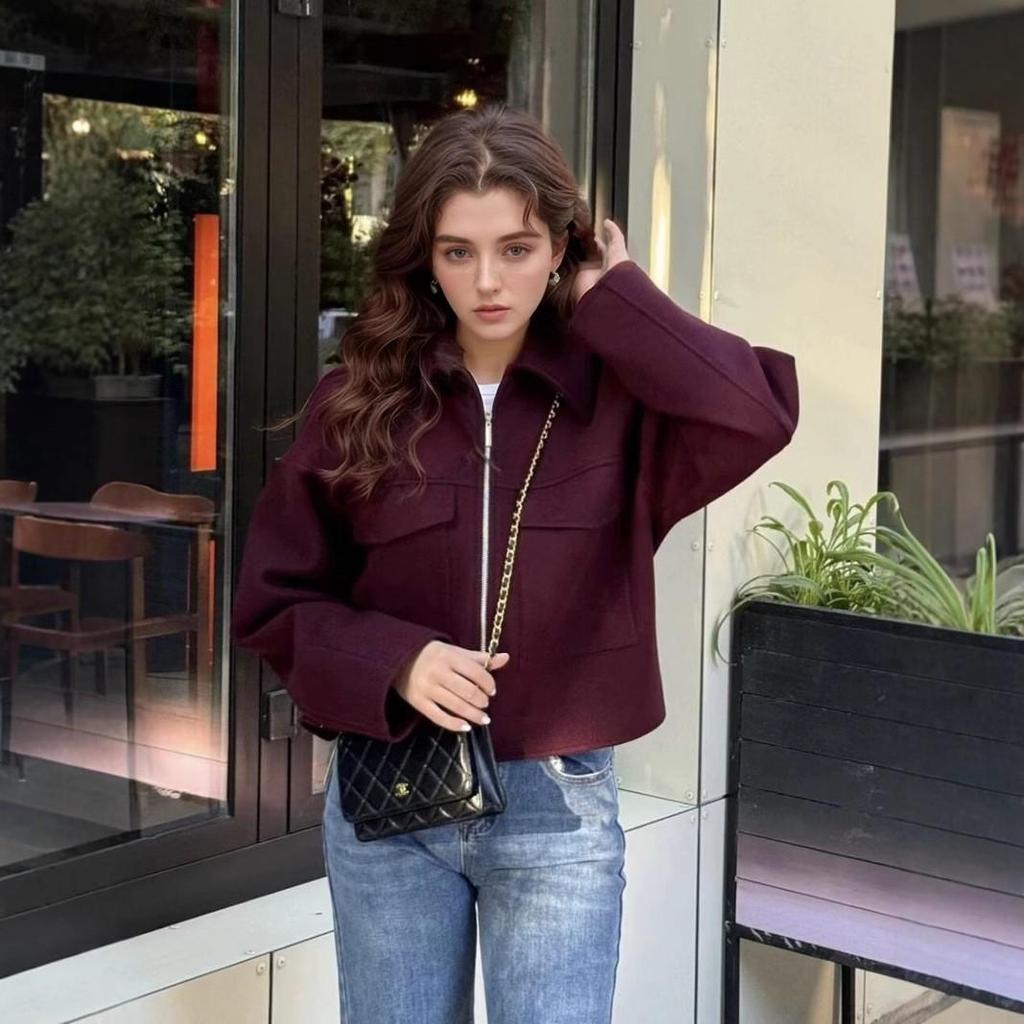 2025 Women's Casual Woolen Coat with Zipper and Big Pockets, Spring/Autumn Fashion, European & American Style, Loose Lapel Design