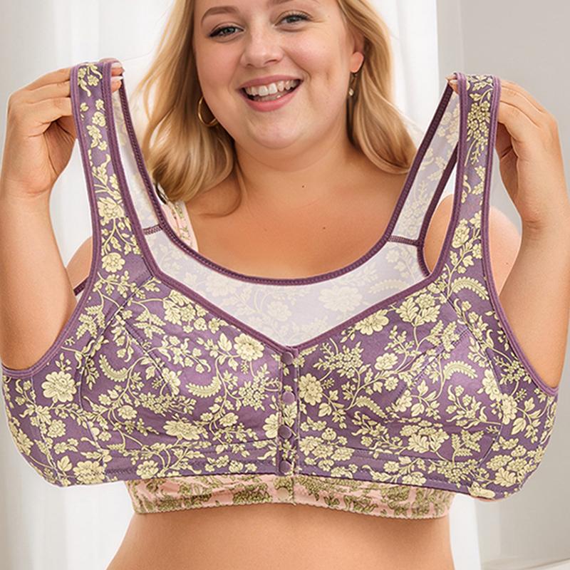 CINOON Women's Plus Size Floral Front Button Wireless Bra Wide Straps No Pad Full Coverage Side Support Comfy Breath Daily Bra L-6XL