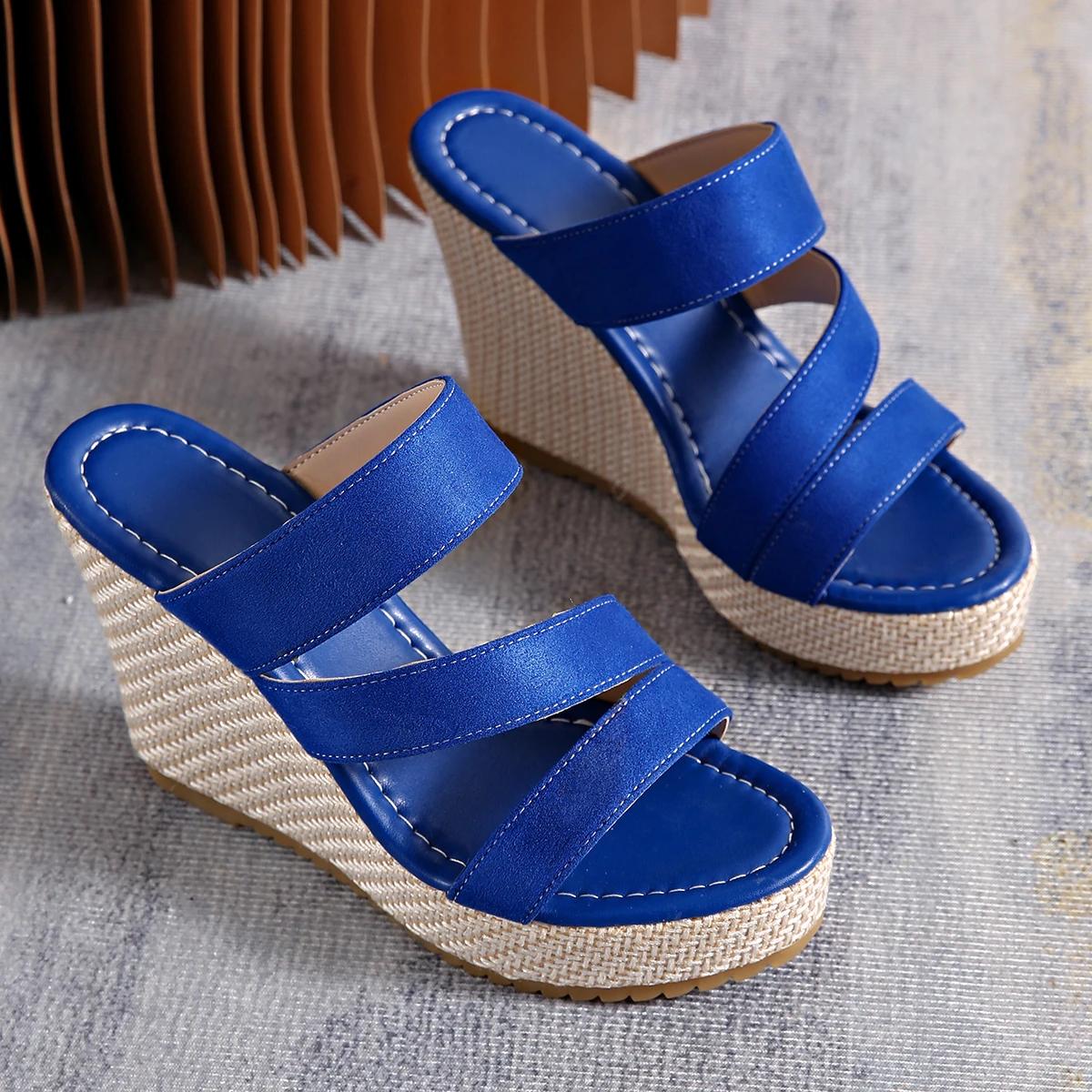 

Женские босоножки на танкетке, высокие каблуки, шлепанцы, женские туфли, лето 2025, трендовые шлепанцы, прогулочные пляжные повседневные туфли Zapatos De Mujer 43 синий