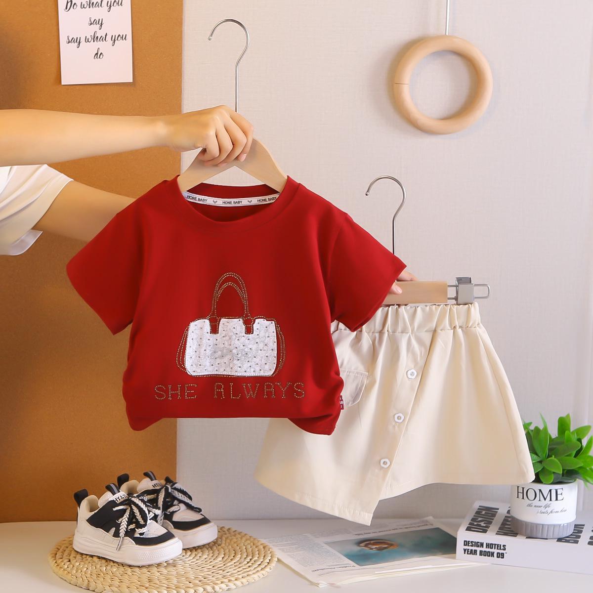 Girls  2026 Rhinestone Short Sleeve Summer Set: Trendy Casual Two-Piece Outfit M: 90cm красный