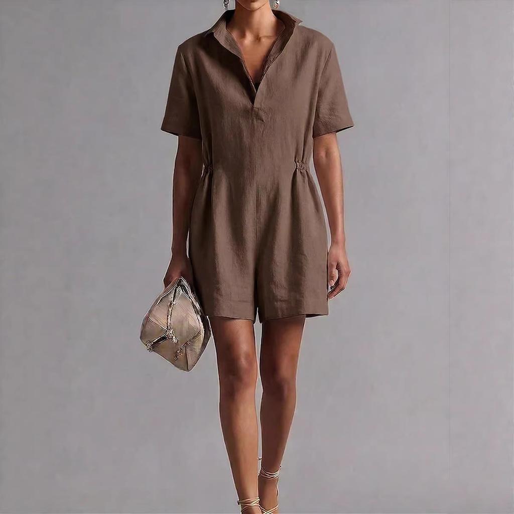 Cross-border European and American casual onesie shorts women's 2026 new short-sleeved waist loose and thin cotton and linen casual wide legs