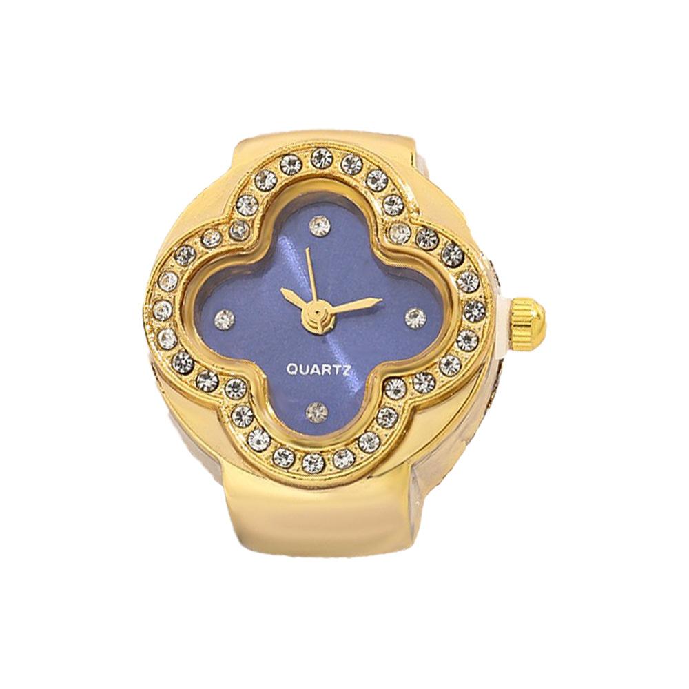 

Fashion Exquisite Real Watch Ring for Women Men Four-leaf Flower Shaped Inlay Zircon Gold Silver Color Stainless Steel Punk хан синього кольору