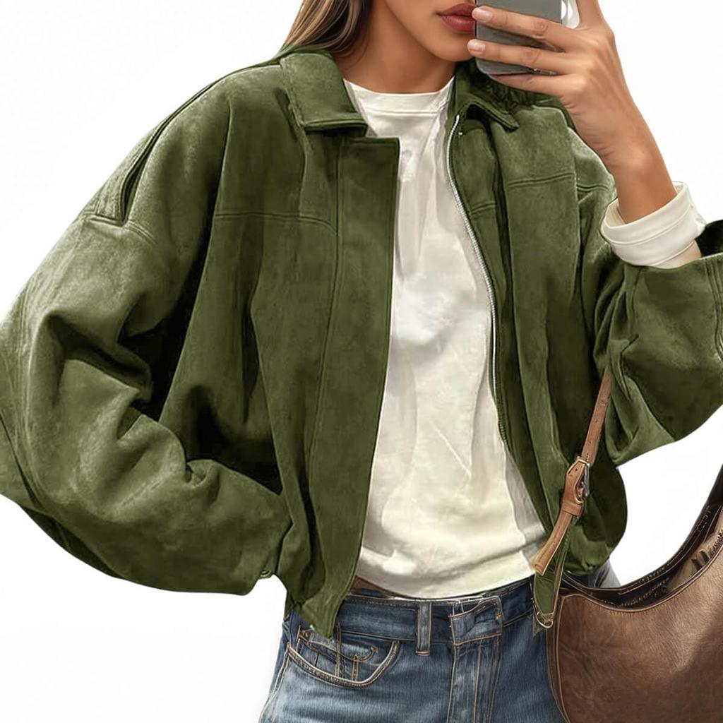 Women's Fashion Solid-Color  Sleeve Zipper Jacket Top