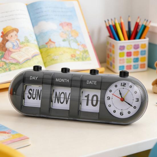 Perpetual Desk Calendar with Clock Vintage Manual Flip Calendar Digital Alarm Clock with Day Month Date Display for Home Office Desk Shelf Decor