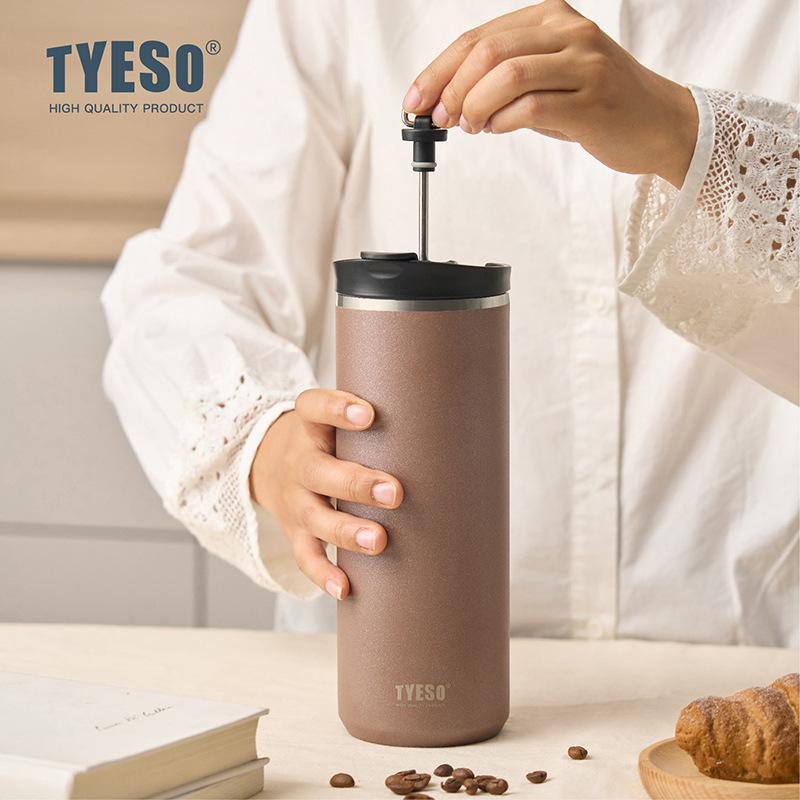 Tyeso French Press Cestovní hrnek 304 Nerezová ocel Přenosný Kávovar Cold Brew Čajové sítko Dvoustěnné Izolované Termoska