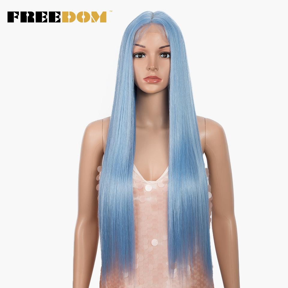 FREEDOM Long Straight Synthetic Lace Front Wigs For Women 30 Inch Ombre Blue Blonde Lace Wig Easy Wear Cosplay Wig
