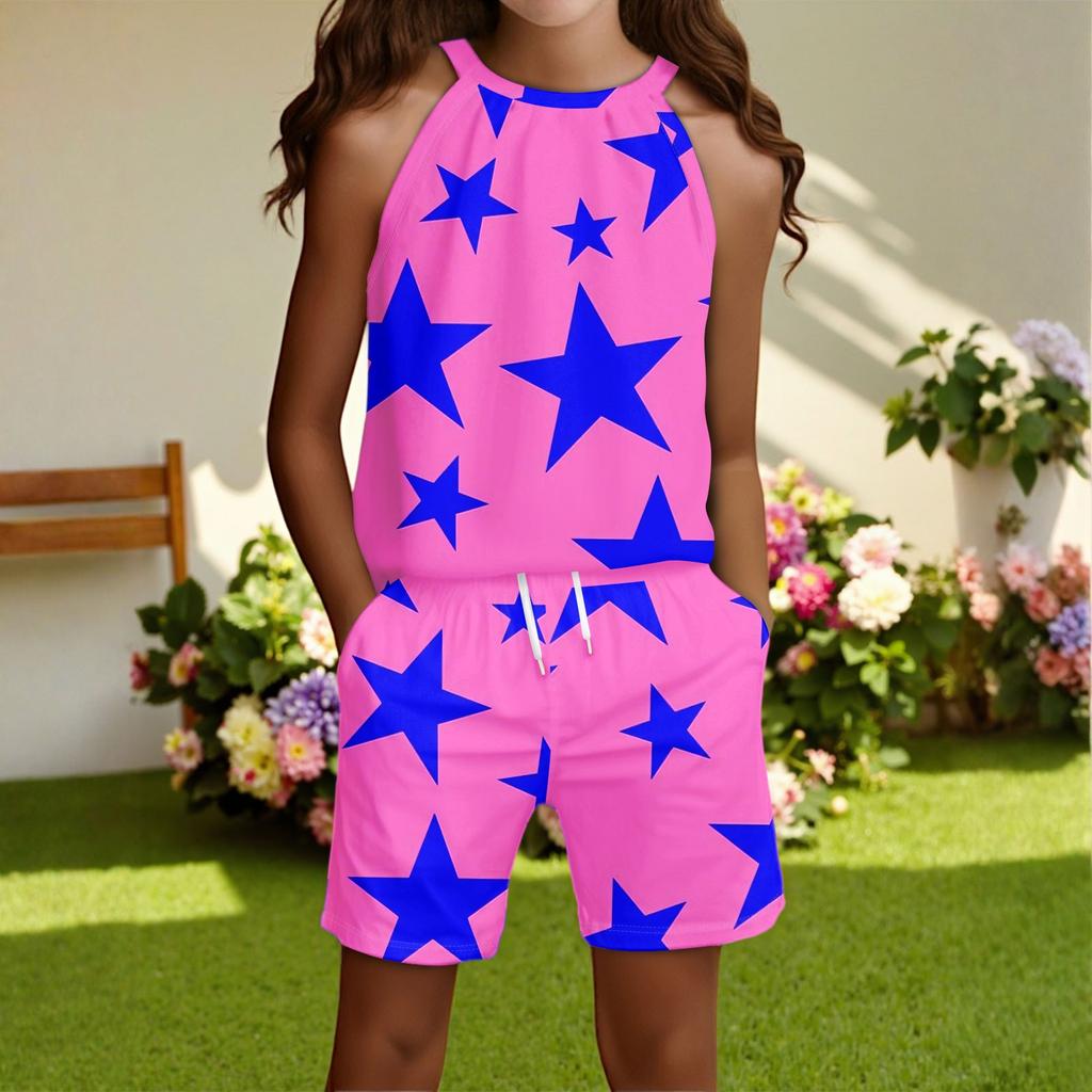 Children's Casual Fashion Round Neck Sleeveless  Top Shorts Set