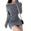 Korean chic autumn and winter small man sexy off-the-shoulder suspender lapel slim ribbed knitted dress hip-wrapped short skirt