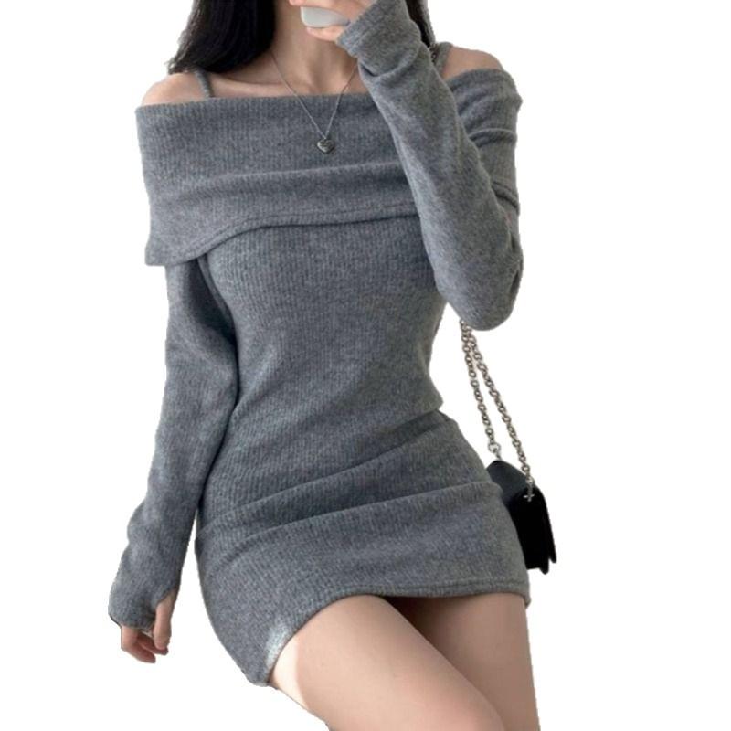 Korean chic autumn and winter small man sexy off-the-shoulder suspender lapel slim ribbed knitted dress hip-wrapped short skirt