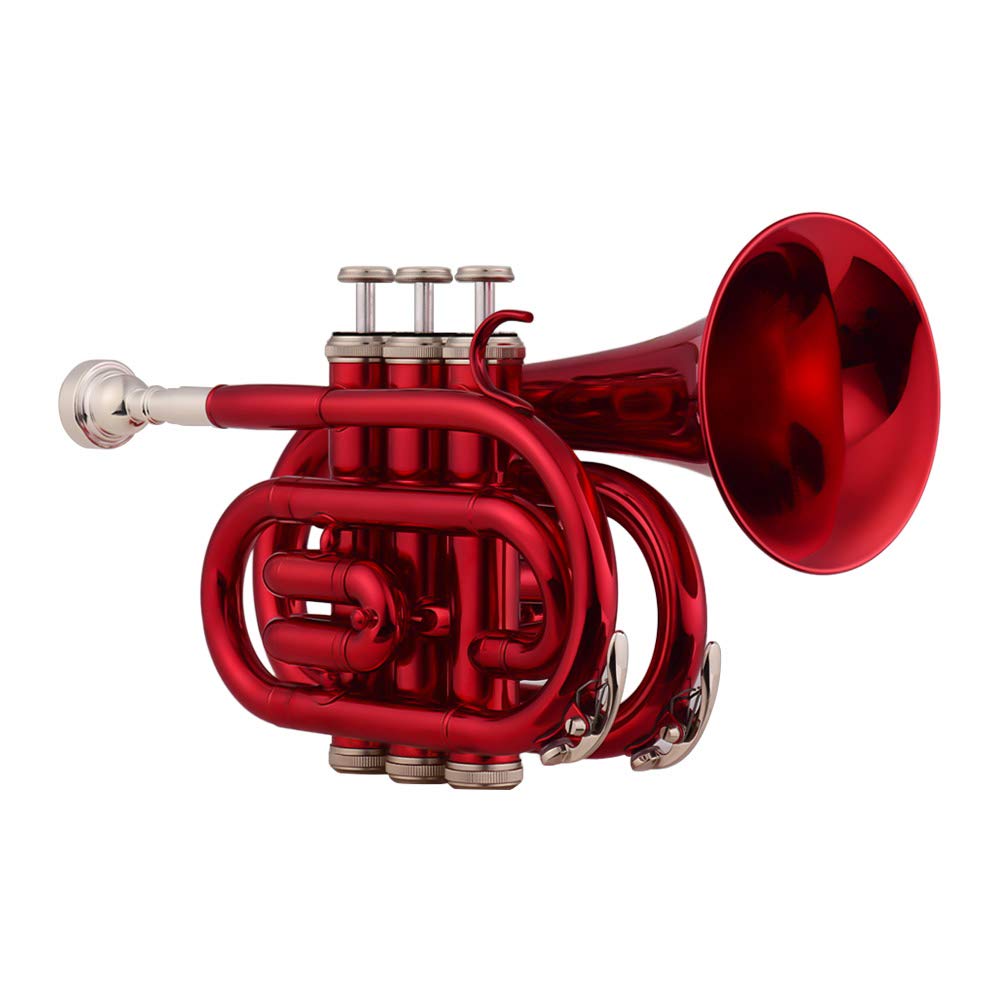 XIXIAN Mini Pocket Trumpet, Bb Flat, Brass, with Mouthpiece, Gloves, Cleaning Cloth, and Carrying Case, 24.5 * 15 * 7.5cm