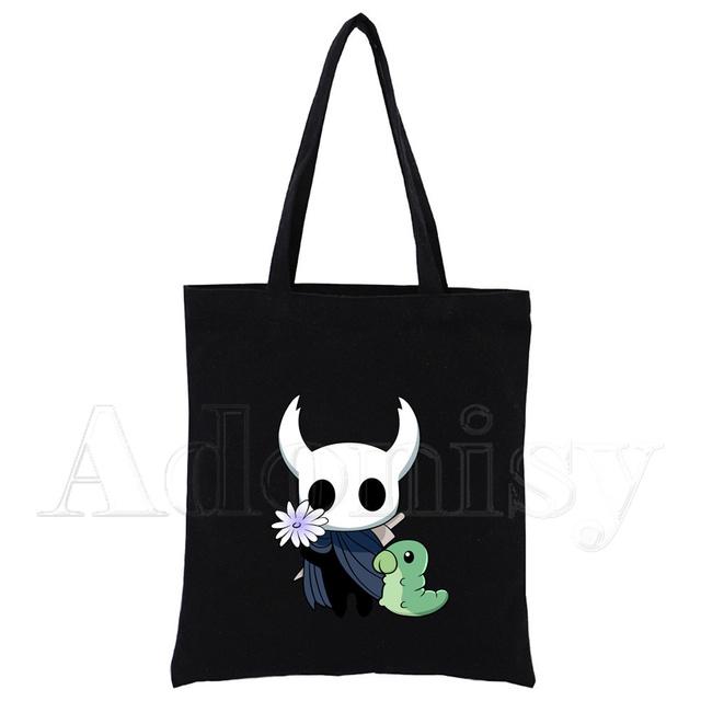 Hollow Knight Harajuku Konst Shopping Svarta Väskor Canvas Tote Bag Tryckt Tecknad Återanvändbar Tygkasse Handväska Axelväskor Anpassad