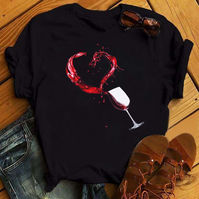New Women T-Shirt Casual Short Sleeve T Shirt Women's Fashion Rose Red Wine Glass Printed Black T-Shirt Female Tops Tees