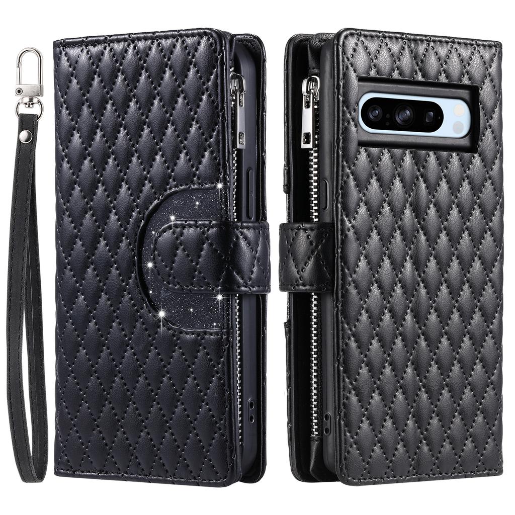 Checkered Glitter Crossbody Leather Zipper Wallet Cards Solt Case for Google Pixel 9 Pro 8A 8 7A 7 6A 6 Lanyard Flip Book Cover