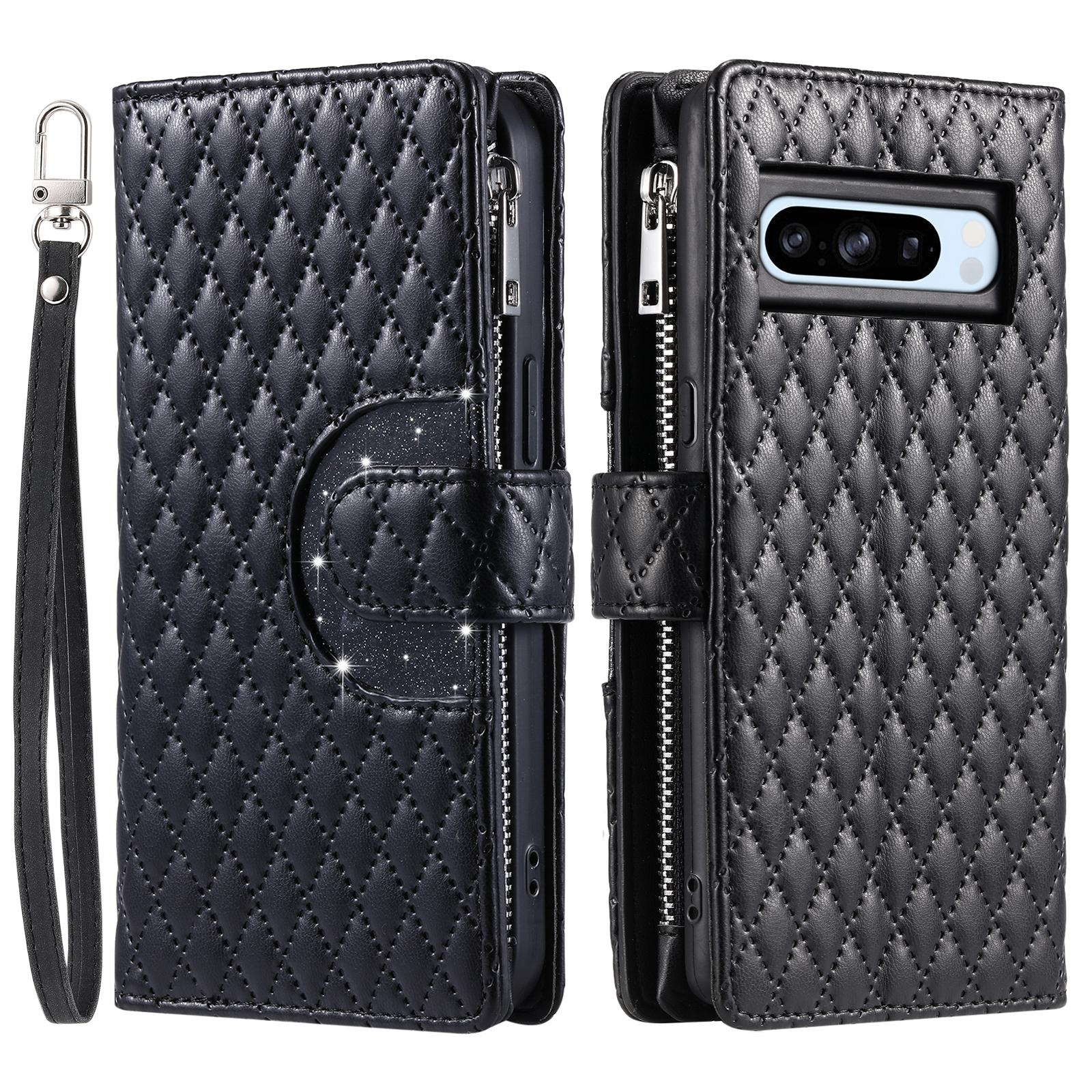

Checkered Glitter Crossbody Leather Zipper Wallet Cards Solt Case for Google Pixel 9 Pro 8A 8 7A 7 6A 6 Lanyard Flip Book Cover Google Pixel 6 чёрный