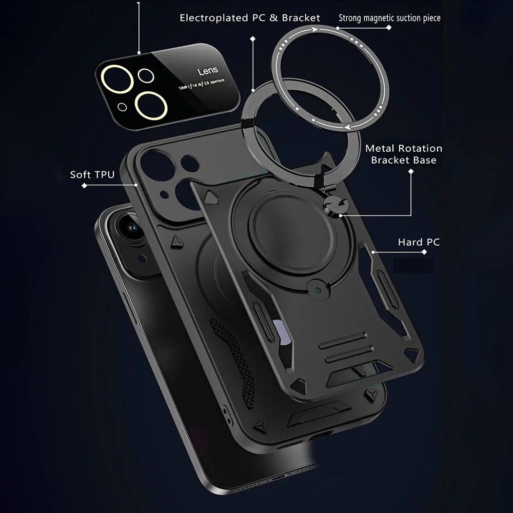 Magnetický 360° otočný držák na telefon Pouzdro na telefon pro POCO X6 Pro POCO M6 Pro 4G M5S C65 X5 Pro X4 X3 Kovové brnění odolné proti nárazu bezdrátové nabíjení Černý kryt