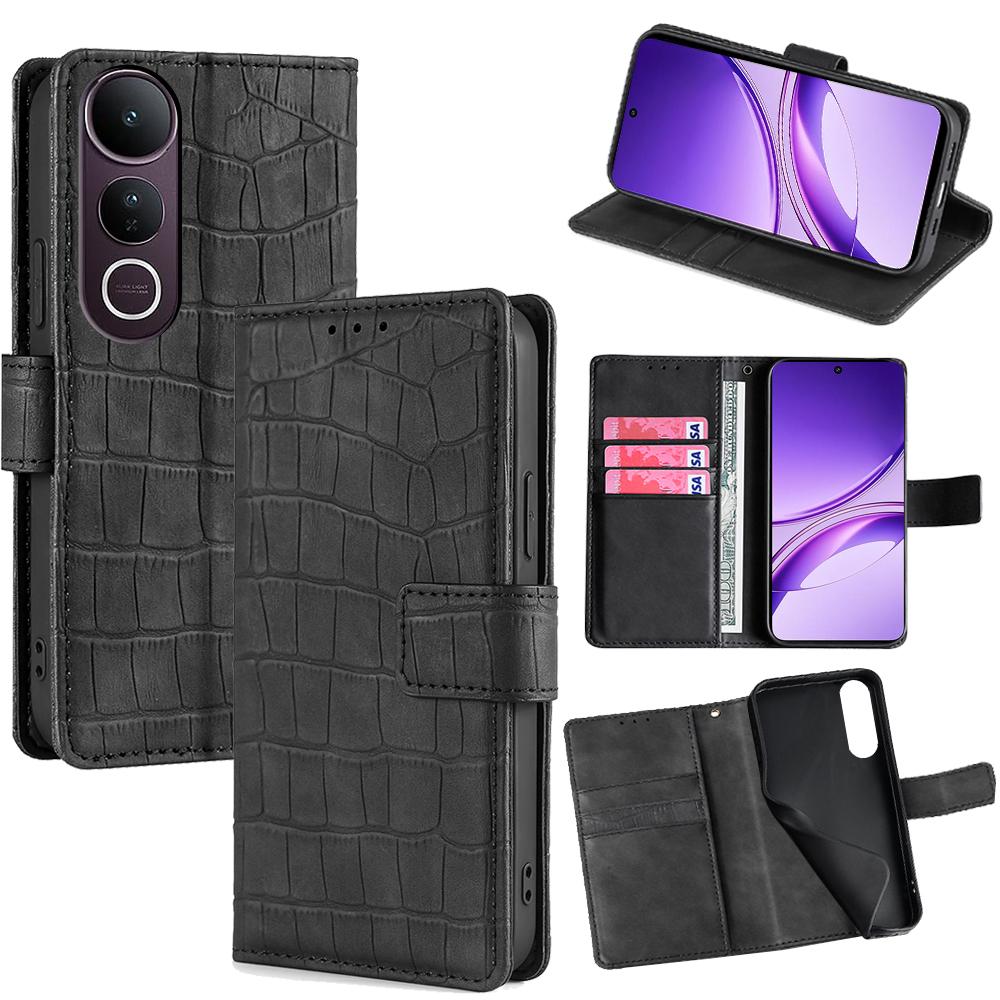 

For vivo V50 Lite 5G Case Crocodile Texture PU Leather Phone Cover Black