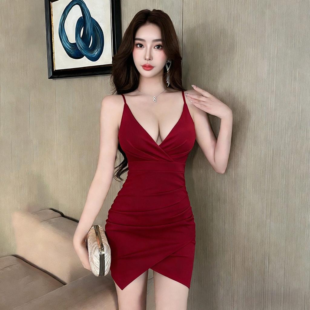 Red Suspender Dress Women's Deep V-pleated Slim-fit Hip Dress Banquet Party Irregular Short Dress