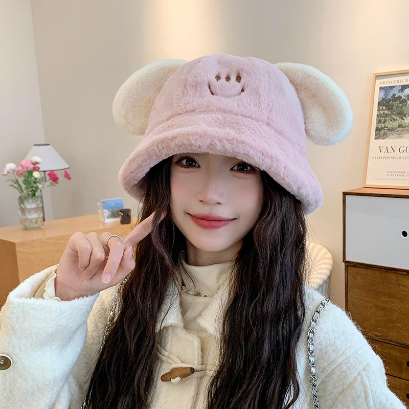 Puppy ears plush bucket hat female winter cute student versatile small face thickened warm basin hat