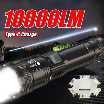 Yüksek Güç 10000LM LED El Feneri Dahili Pil USB Şarj Edilebilir Güçlü Işık Meşale Dış Mekan Kamp Yürüyüş Feneri