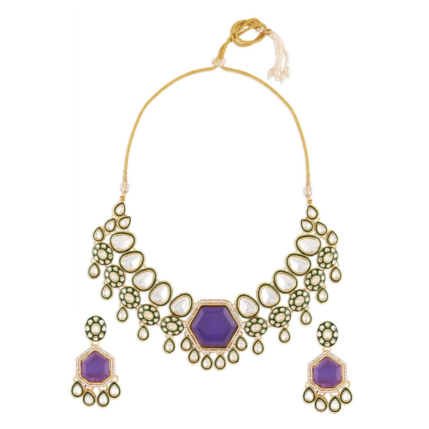 

Purple Stone Green Meenakari Austrian Diamonds Necklace & Earring Set For Women