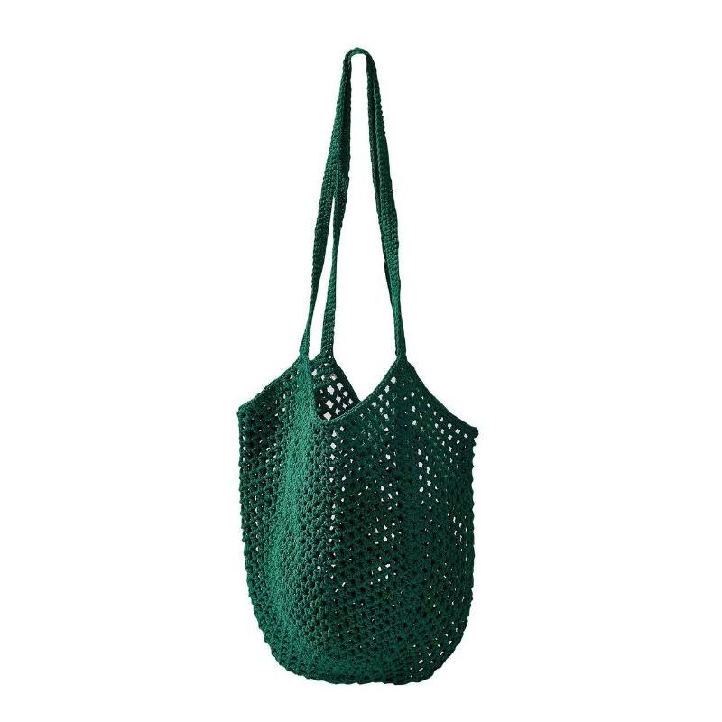 Ручная складная хозяйственная сетчатая сумка из хлопка, многоразовая сетчатая сумка для фруктов, вязаный сетчатый карман с прорезями для кухонного хранения one size темно-зеленого