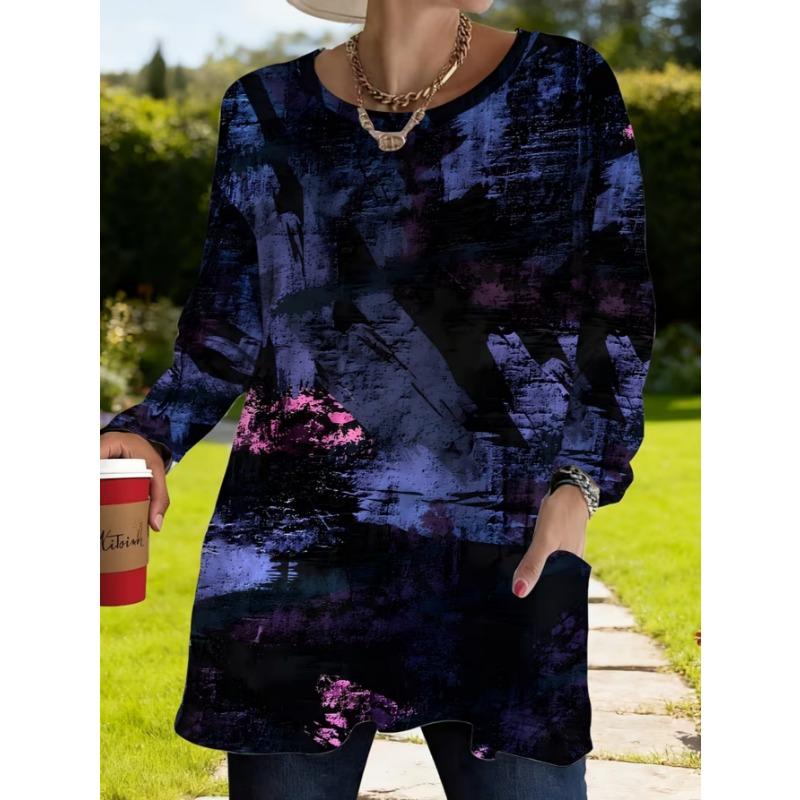 Women's long-sleeved round-neck T-shirt, suitable for spring, autumn and winter seasons. It has pockets and print designs. machine washable.