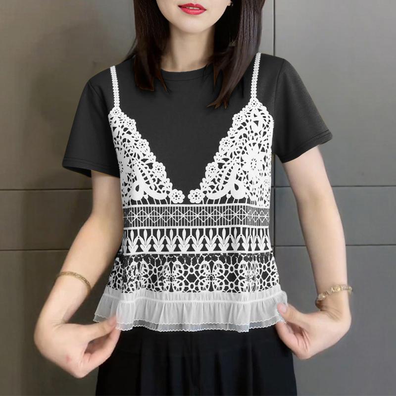 

ZANZEA Женская повседневная футболка с круглым вырезом, летняя, с коротким рукавом, с кружевной вставкой M чёрный