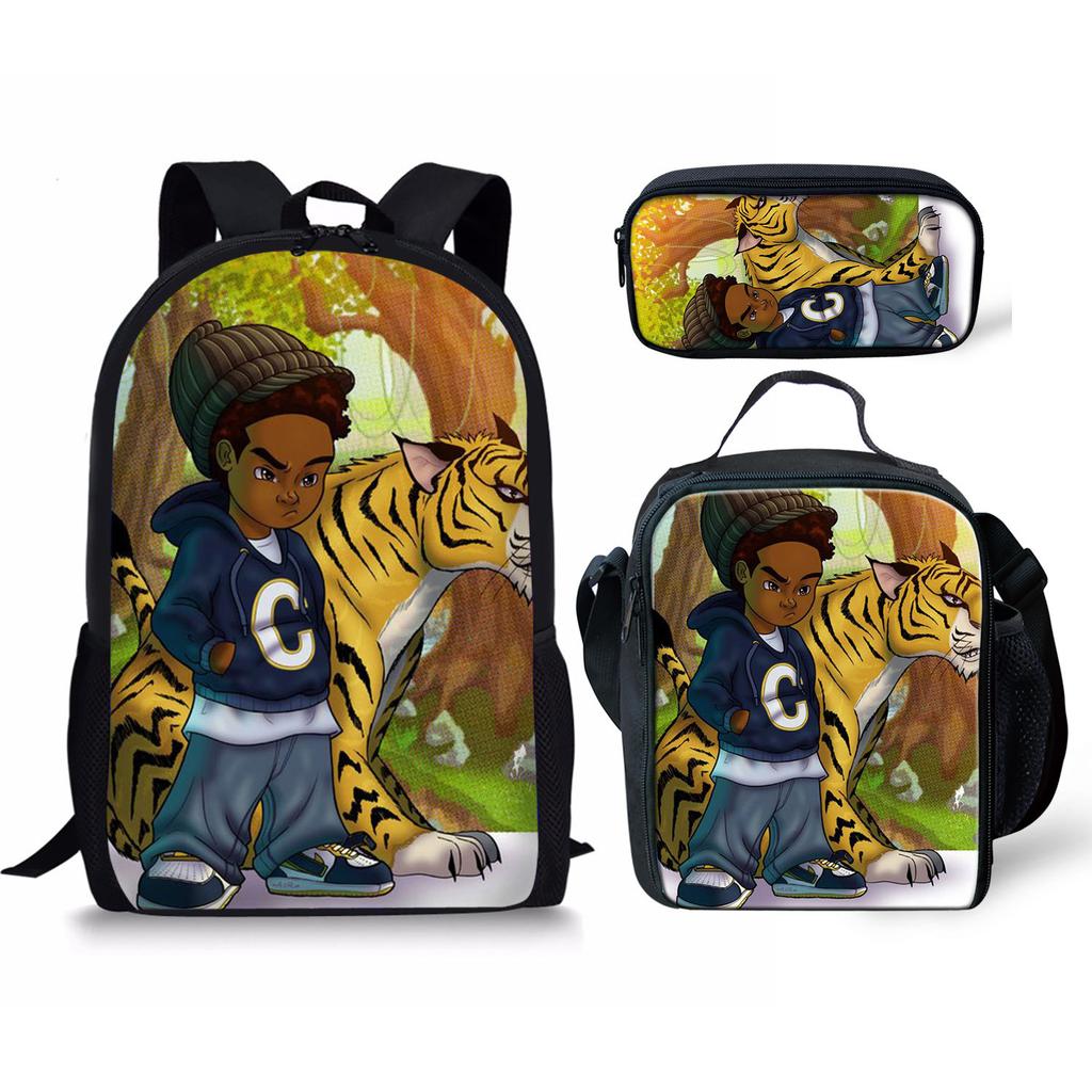 Cartoon Popular New black African boy 3D Print 3pcs/Set Student School Bags Laptop Daypack Backpack Lunch bag Pencil Case