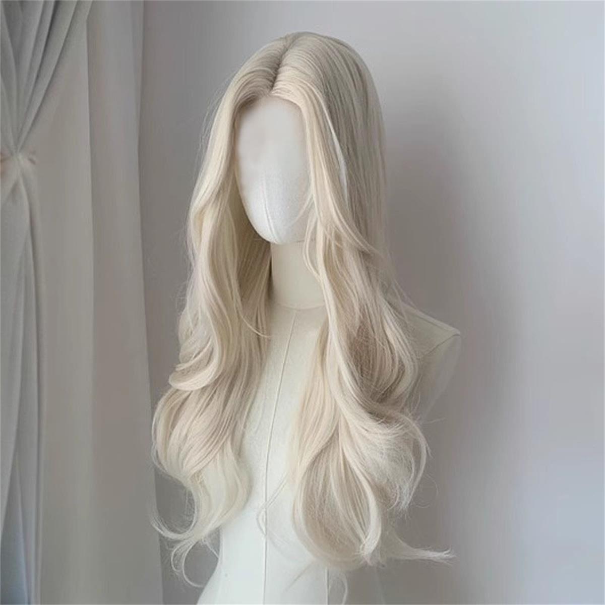 

Белое Золото Длинный Кудрявый Синтетический Парик Высокое Качество Мода Большая Волна Челка Женский Парик