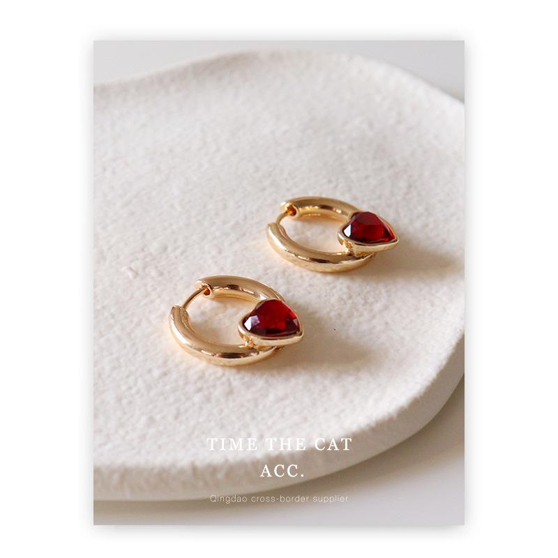 Copper Trendy Geometric Plated Gold Earrings With High Color Retention Red Glass Gemstone