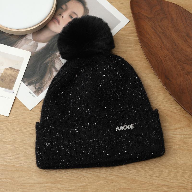 Neuer Herbst- und Winter Pailletten Spitzen Kaninchenhaar Warme Mütze Koreanische Version Vielseitige Outdoor Kältemütze Plus Wollmütze für Damen