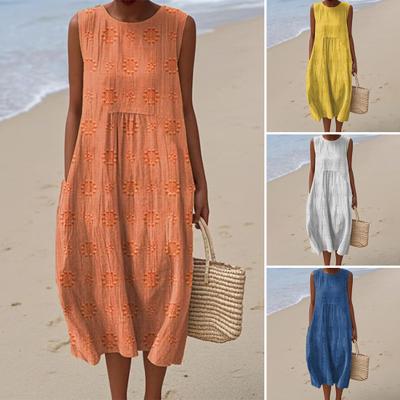 Women's Sleeveless Tank Dress 3D Printed Crew Neck Tunic Dress Casual Beach Vacation Sundress with Pockets