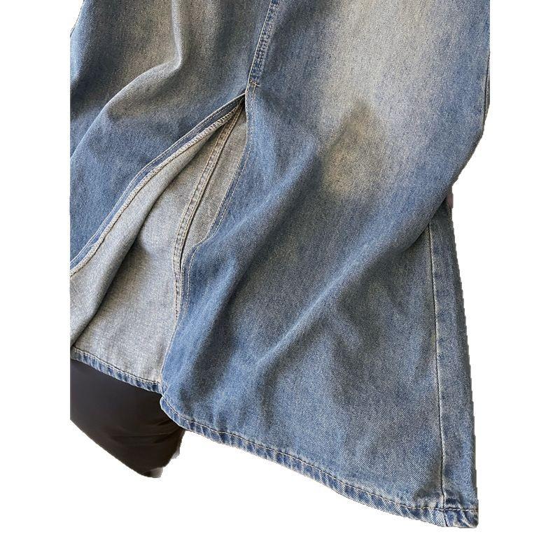 Women's Retro A-Line Denim Midi Skirt - 2025 Spring Collection, Mid-Length with Slit for a Stylish Bodycon Fit