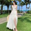 Romantic Ruffle Square Neck Embroidered White Dress Women Vacation Style Sexy Backless Lace-up Slit Fairy Long Dress