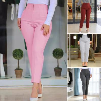 Women Pants High Waist Slim Fit Casual Trousers with Pockets Pure Color Hip-Hugging Tight Legs Long