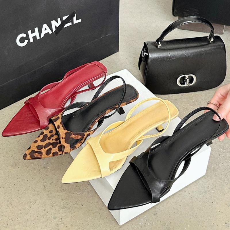 Fashion New Pointed Toe Women Sandals Mid Heels Leopard Open Toe Slide Sandals 2025 Summer New Designer Fashion Thin Heel Party Shoes
