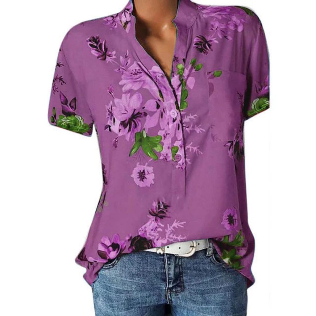 Women's Fashion Printed V-neck Short Sleeve Blouse, 10 Colors 8 Sizes Available Casual Summer Top
