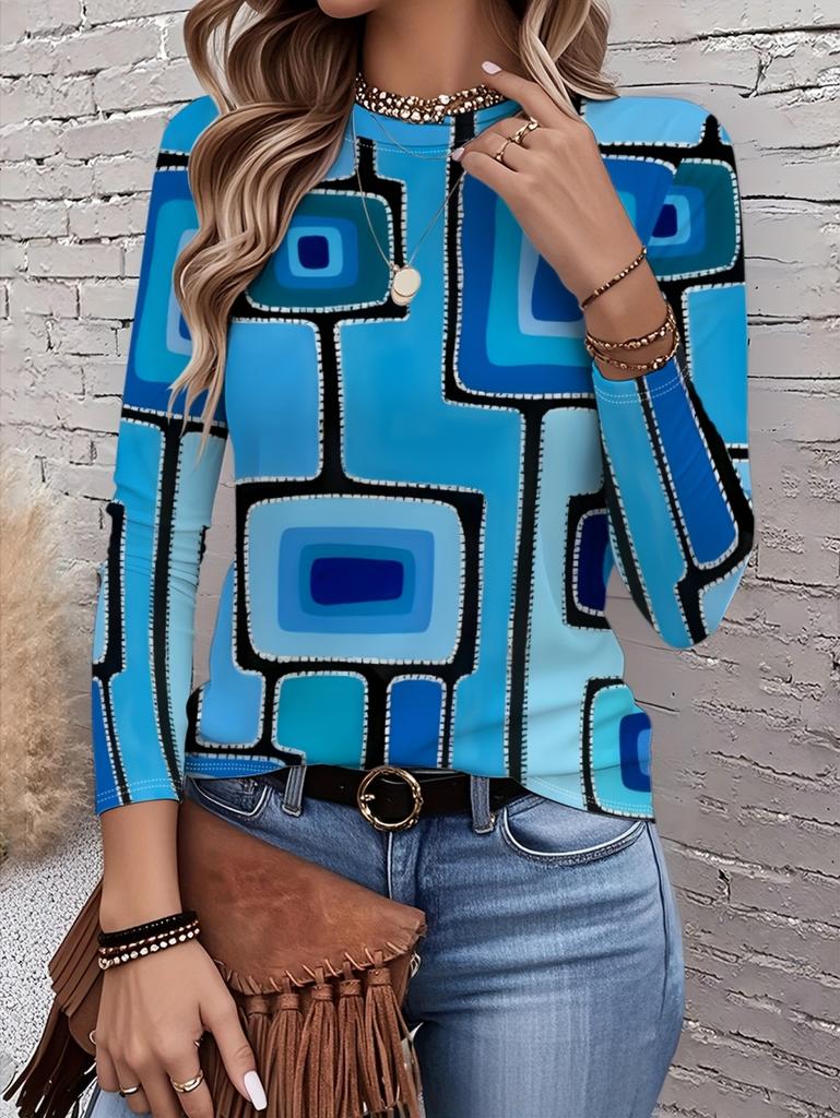 Fashion Women's Long Sleeve T-Shirts Geometric Splice 3D Printed Round Neck Fall Spring Tops Tees Oversized Women's Clothing